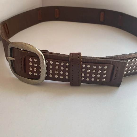 Studded Leather Full Grain Leather Silver Hardware Brown‎ Belt Silver Studs - Picture 2 of 7